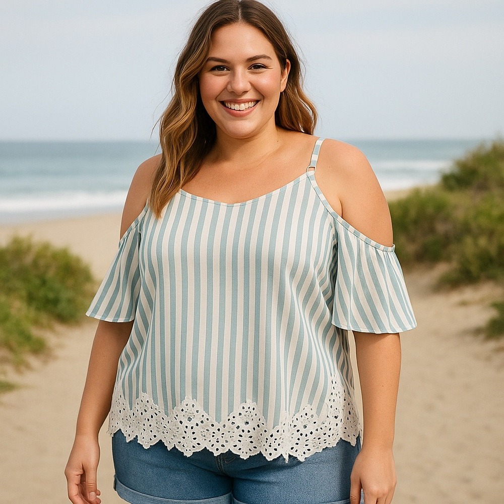 Maurices Cold Shoulder Top Striped Lace Trim Embroidered Hem Adjustable Straps